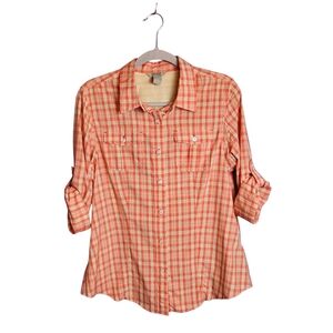 Duluth Trading Orange Plaid Lightweight Roll Tab Button Up Shirt
